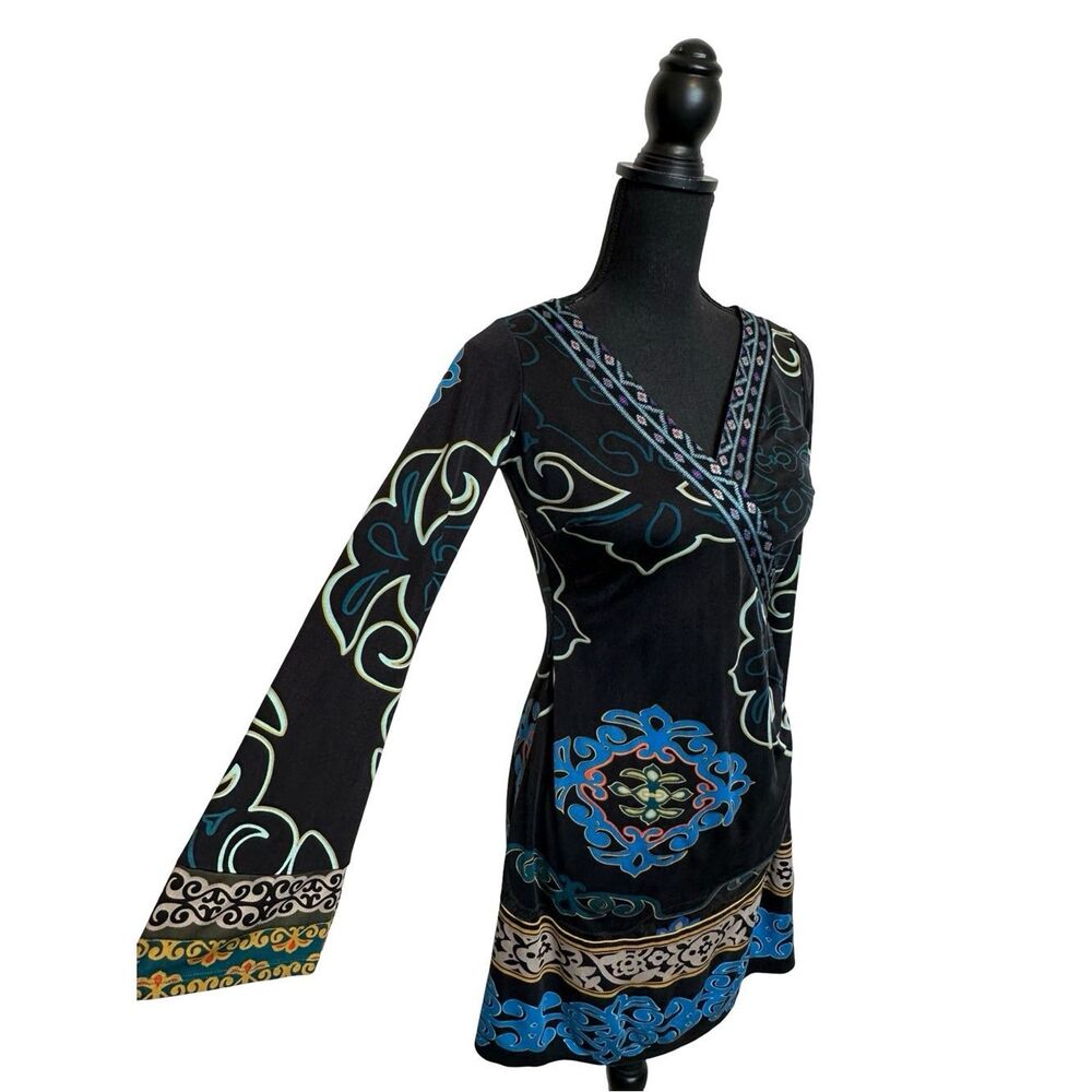 HALE BOB 100% Silk Deep V Neck Patterned Mini Dress Long Bell Sleeves Size XS - Picture 7 of 17